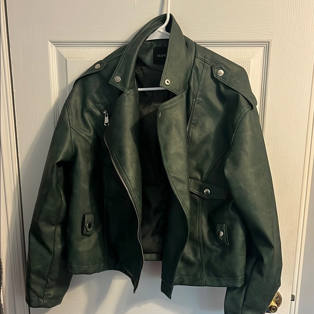 Dark Green Faux Leather Jacket